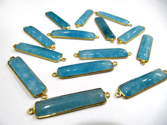 SET OF 2 Pcs - Blue Chalcedony Baguette Cabochon Connector Double Loop Bezel Connector 8x35mm Rectangle Shape charms pendants