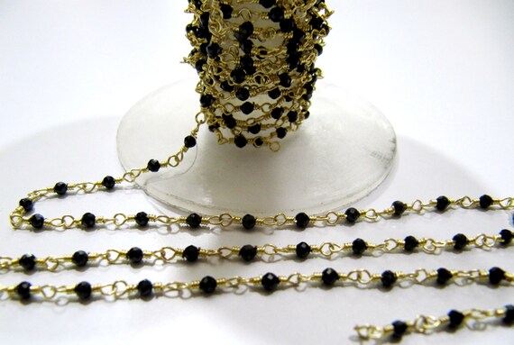 1 Foot -: Natural Black Spinel Rondelle Micro Faceted 2mm Size  Beaded Wire Wrapped Rosary Chain Wholesale Prices Jewelry making Chain