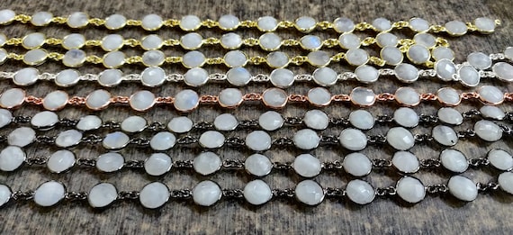 Natural White Rainbow Moonstone Round Coin Shape Briolette Faceted Bezel Connector Chain 9mm Choose the Plating Color Sold per Foot