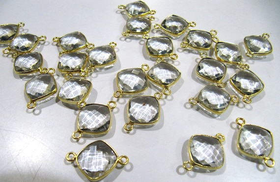 2Pcs Set Natural Rock Crystal Cushion Shape 11mm Briolette Connector Genuine Crystal Quartz Bezel Connector Double Loop Wholesale Prices