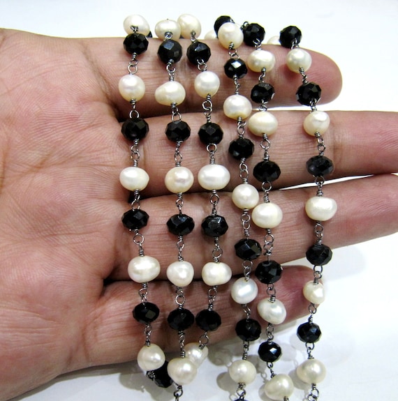 Natural Black Spinel And Pearl Beaded Chain 6mm Size Fresh Water Pearl Bead Rosary Chain Wholesale Prices gemstone chain sold per foot