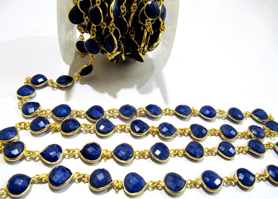 Dyed Blue Sapphire Heart Shape Briolette Faceted  Bezel Connector Chain 10 mm Plated Sold Per Foot Wholesale price Jewelry making Chain