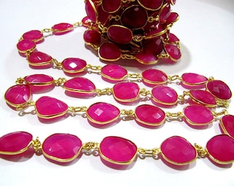 Cadena con conector de bisel facetado de calcedonia rosa fuerte natural en forma libre, 15 x 20 mm, se vende por pie, alta calidad, venta al por mayor