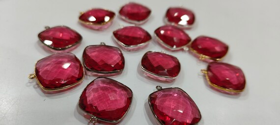 Ruby Quartz Cushion Shape  21mm Briolette Connectors Hydro Quartz  Single Loop Bezel Charms Jewelry Making Bezel Choose Plating