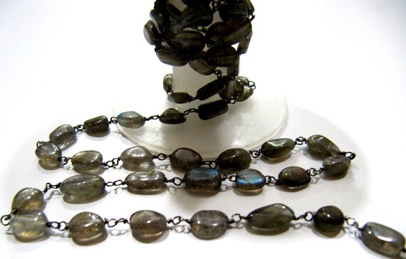 Natural Labradorite Oval Shape Plain Smooth 6x8mm Approx Size Beaded Wire Wrapped Rosary Chain Wholesale Prices sold per foot