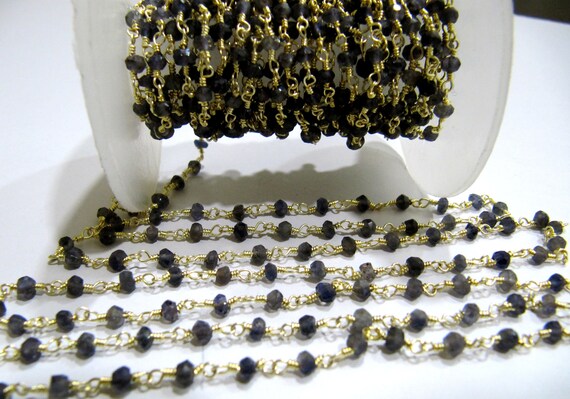 Natural Iolite Rondelle Faceted 3-4mm Beaded Wire Wrapped Rosary Chain Wholesale Prices Jewelry making Chain sold per foot