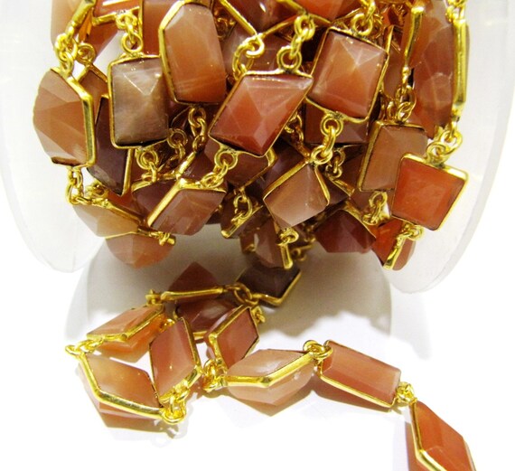 Natural Peach Moonstone Free Shape Laser Cut 10-12 mm Connector Link Chain Sold Per Foot High Quality Bezel Handmade Chain