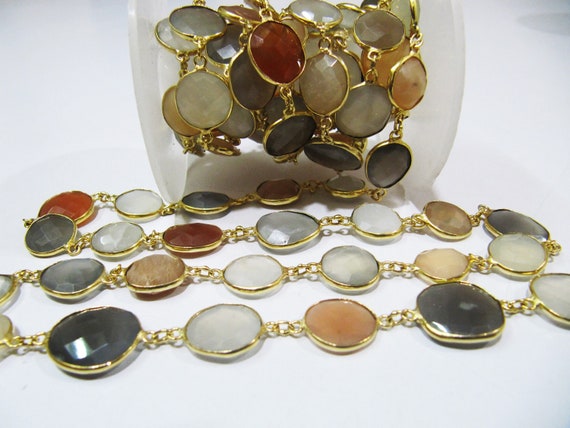 Natural Multi Moonstone Nugget Briolette Connector Chain Uneven Free Shape  12 to 17mm Bezel chain  Sold Per Foot High Quality Beads