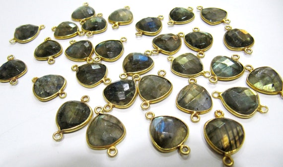 2 Pcs Set Natural Labradorite trillion cut Triangle Shape 14mm Briolette Connectors Gray Double Loop Bezel Jewelry Making Bezel Connectors