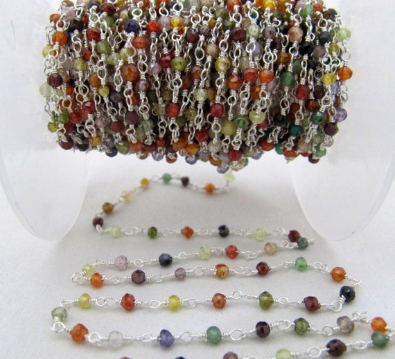 Multi color Zircon Rondelle Faceted 3-4mm Beaded Rosary Chain Handmade CZ Beads chain sold per foot