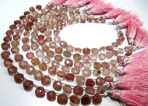 Natural Strawberry Quartz heart Shape Briolette Faceted size 8mm beads strand 8 inches long Jewelry Making Pink Color Gemstone Beads