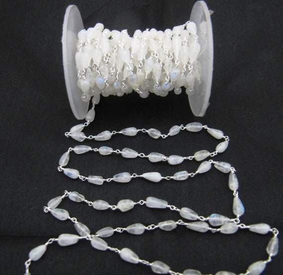 3- Feet Natural White Rainbow Moonstone Plain Smooth Drop Shape Beaded Rosary Chain Gold/Silver/Black/Rose Gold Plated Wholesale Price chain