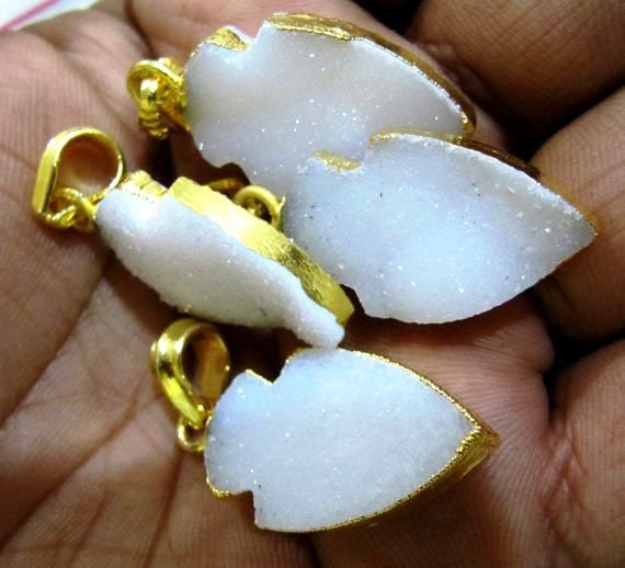 Natural White Druzy Gemstone Arrowhead Pendant Charm Gold Electroplated Edge Stunning drusy clover Arrowhead Pendant 30- 40mm sold per piece