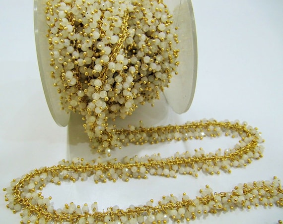 Natural White Rainbow Moonstone Rondelle Faceted 3mm Beads Chain Wire Wrap Dangling Beaded Cluster Chain Sold Per Foot Wholesale Price