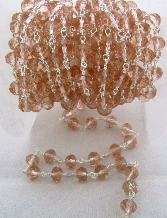 3 Foot-Natural Pink Quartz  Rondelle Faceted wire wrapped Aati 6mm Hydro quartz beaded Rosary chain High Quality Wholesale Price