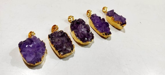 Natural Amethyst Raw Druzy Pendant , 24 Kt Gold Electroplated FreeForm Shape Druzy Size 30to40mm  Pendant , Unique And Rare Gemstone Jewelry