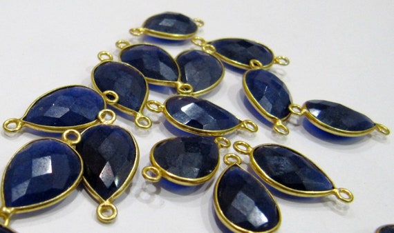 Blue Sapphire Pear Shape briolette Connectors 11x16mm charms  Stone Double Loop Bezel Jewelry pendants sold per piece