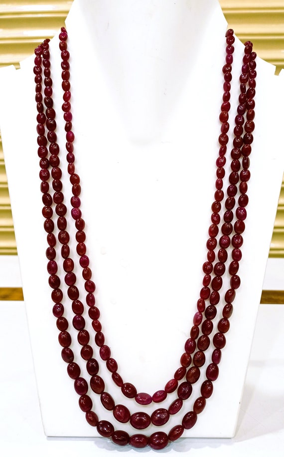 Natural Untreated African Ruby Oval shape Beads Three Layered Necklace 18-19 Inches long Adjustable Length 8 to 10mm beads CHOOSE Design