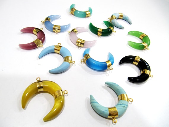 Crescent Moon Mix Color Charm Pendant 35mm Gold Electroplated Double Horn healing Crystals Bull Horn Pendant Double Loop Choose the Color