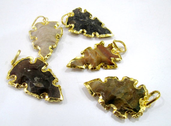 Natural Jasper Hunting Tool Design Gold Electroplated Edge Single Loop Arrowhead Connector Charms Pendant Size 1.5 to 2 Inches Long