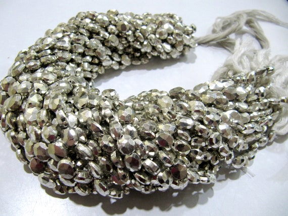 Natural Silver Pyrite Beads Oval Faceted Silver Coated Pyrite Beads 5x7mm to 6x8mm Size Beads Strand 9 inches long  wholesale Prices