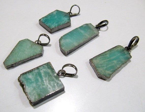2 Pcs Set-Natural Amazonite Slice Pendant Free Form Connector Charm With Black Electroplated Edge Single Loop 1 inch approximately