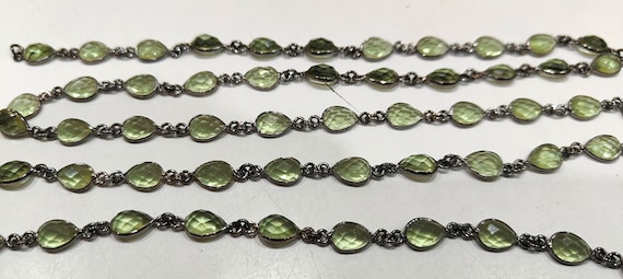 Peridot Pear Heart Shape Briolette faceted Bezel Connector Chain 6x9mm Gold/Silver/Black/Rose Plated Sold Per Foot High Quality