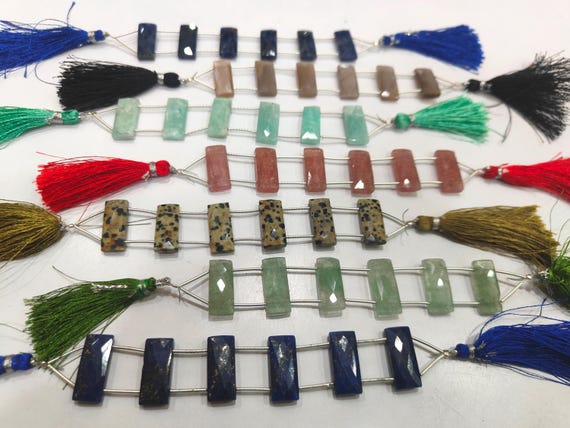 Natural Multi Gemstone Cushion Baguette Shape Briolettte Faceted 10X22mm Double Drilled Beads Sold as a Strand of 6 Rectangle Beads