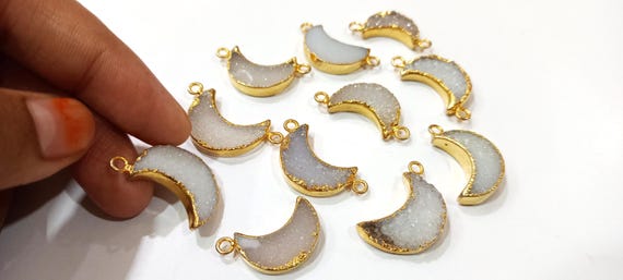 Natural White Druzy Moon shape Charms 17-18mm Gemstone Fancy Shape bezel connector Sold per pcs