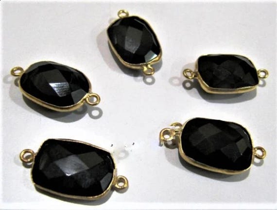 5 Pcs Set Natural Black Spinel Cushion Shape 10X14mm Briolette Connectors Spinel Double Loop Bezel Jewelry Making Bezel Connectors