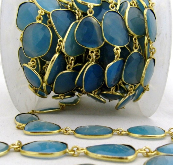 Blue Aqua Chalcedony Nugget Briolette Connector Chain Uneven Free Shape 15x20mm Sold Per Foot High quality Beads Wholesale Price