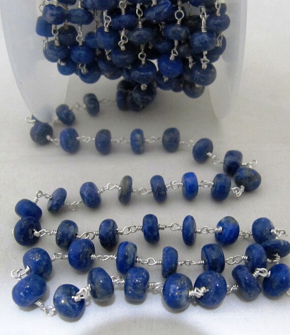 Natural lazuli Lapis Rosary Chain Smooth Beads 6 to 8mm Rondelle Wire Wrap Beaded Chain sold per Foot in Wholesale Rates sold per foot