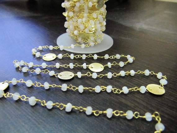 Natural Rainbow Moonstone Coin Chain 24 Kt Gold Plated, Rondelle Faceted Beads 3-4mm , Rosary Gemstone Chains Sold Per Foot