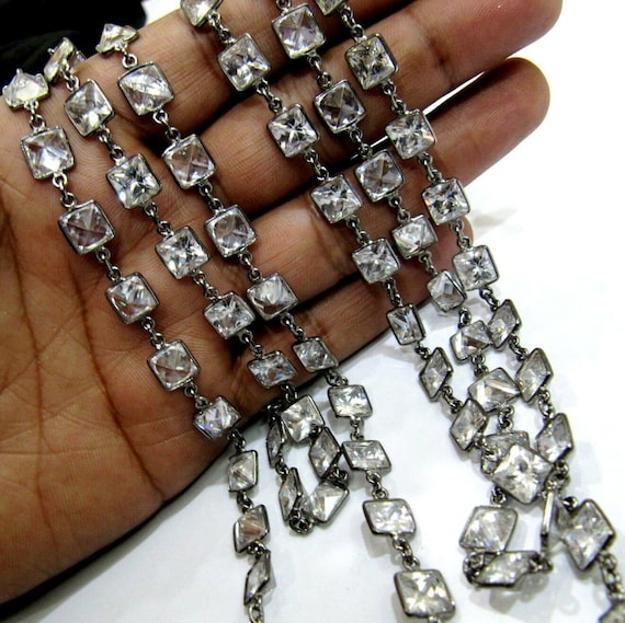 Cubic Zirconia Briolette Square Cushion Shape Size 8mm Bezel Connector Handmade Gemstone Chain sold per foot