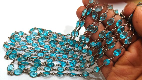 Blue Topaz Cubic Zirconia Briolette Oval Shape 6x8mm Bezel Gold Handmade Tiff Connector Chain sold per foot