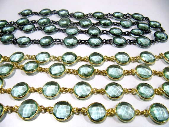 Green Amethyst Quartz  Briolette Faceted Round Coin Shape 11mm to 12mm Bezel Connector Link Chain Sold Per Foot Jewelry making chain