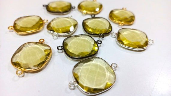 Lemon Hydro Quartz Briolette Cushion  Shape Bezel Connector 18mm Double  Loop Charms