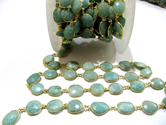 Natural Amazonite Free Shape Briolette Faceted Bezel Connector Chain 15 to 18mm Gold Plated Sold Per Foot High Quality Beads Wholesale price