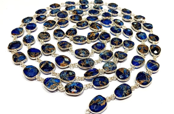 Natural Lapis Lazuli Copper Turquoise 12to15mm Free Shape Bezel Connector Chain Sold Per foot Great Quality Chain
