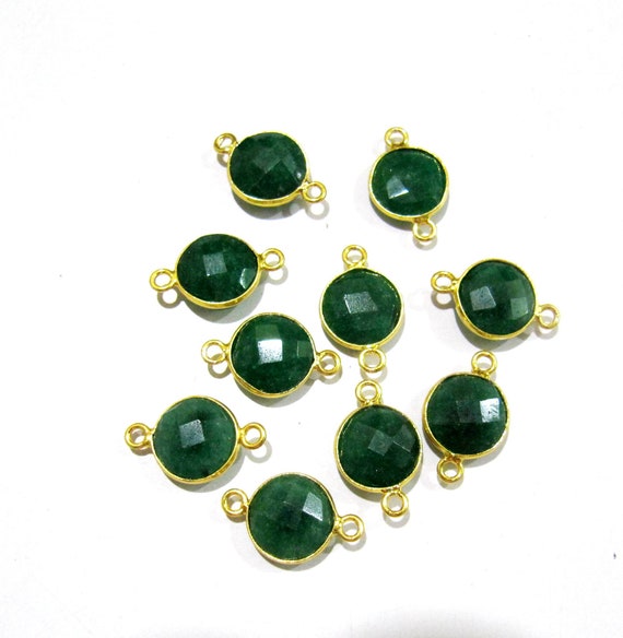 Set of 2 -Dyed Emerald Coin Shape Briolette Connectors , Gold Plated Double Loop Bezel , Emerald Jewelry Making charms Bezel Connectors
