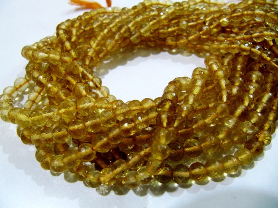 High Quality Genuine Citrine Faceted Round Beads / Natural Citrine Gemstone Beads Size 5-6mm Strand 13.5 inch long Micro Faceted Beads