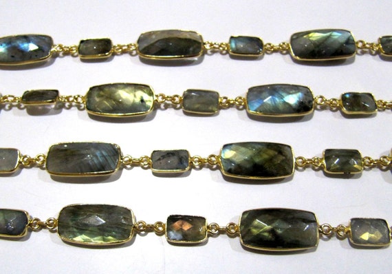 Natural Labradorite Rectangle Shape Briolette Faceted Alternet Bezel Connector Chain Sold Per Foot High Quality Wholesale Prices