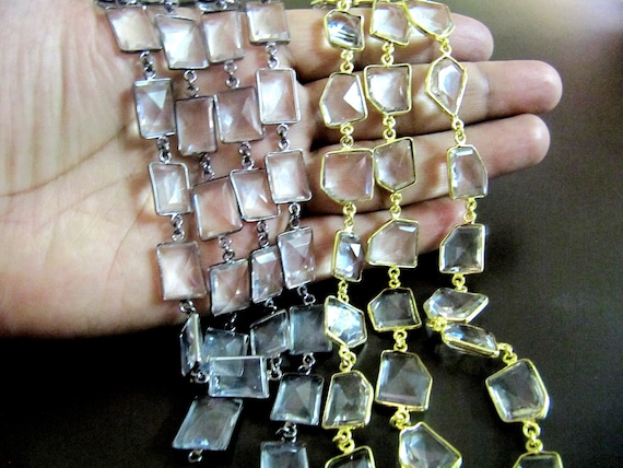 Natural Rock Crystal Laser Cut Uneven Free Shape 14 to 15mm Connector Bezel Chain Sold Per Foot High Quality Wholesale Prices