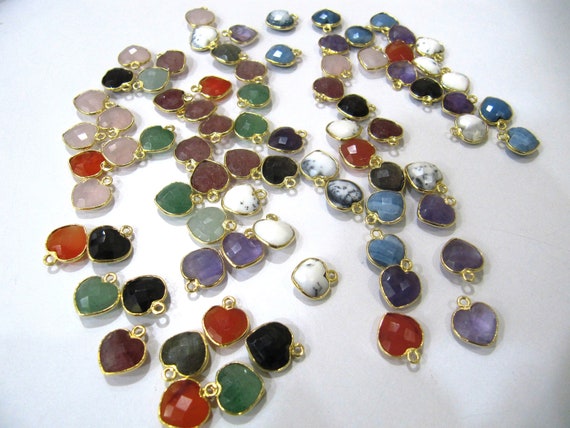 Natural Gemstone heart shape center loop Bezel Connectors Gold Plated 10mm Charms for jewellery making sold per piece