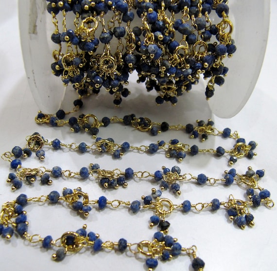 Natural Lapis lazuli Beaded Gemstone Flower Chain Rondelle faceted Beads 3 to 4mm size, Cluster Dangling Chain Sold per FOOT