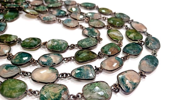 Moss Agate  Briolette Free Shape 12 to 15mm Bezel Connector Chain Sold Per Foot Best Quality Chain