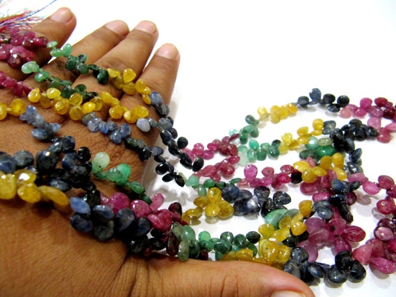 Natural Multi Precious Gemstone Ruby Emerald Sapphire faceted Briolette Size 5x7 to 7x9mm Pear Heart Shape Graduated Bead