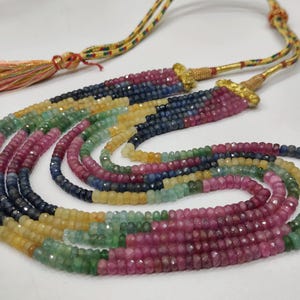 Natural Multi Sapphire Ruby Emerald Rondelle Faceted 4mm Beaded 5 layered Necklace