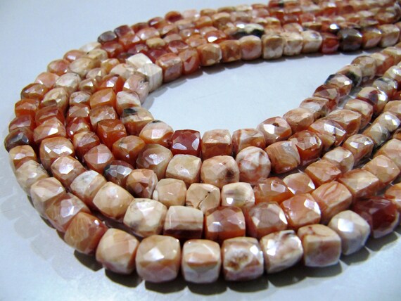 Natural Carnelian Beads / 6-7mm Size AB Coated Carnelian Beads/ Faceted 3D Cube Shape Genuine Carnelian Beads/ Strand 8 inch long