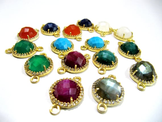 Natural Gemstones Round Shape Briolette 13mm Connectors charms With Setted CZ Pave 24K Gold Electroplated Double Loop Gemstone Jewelry